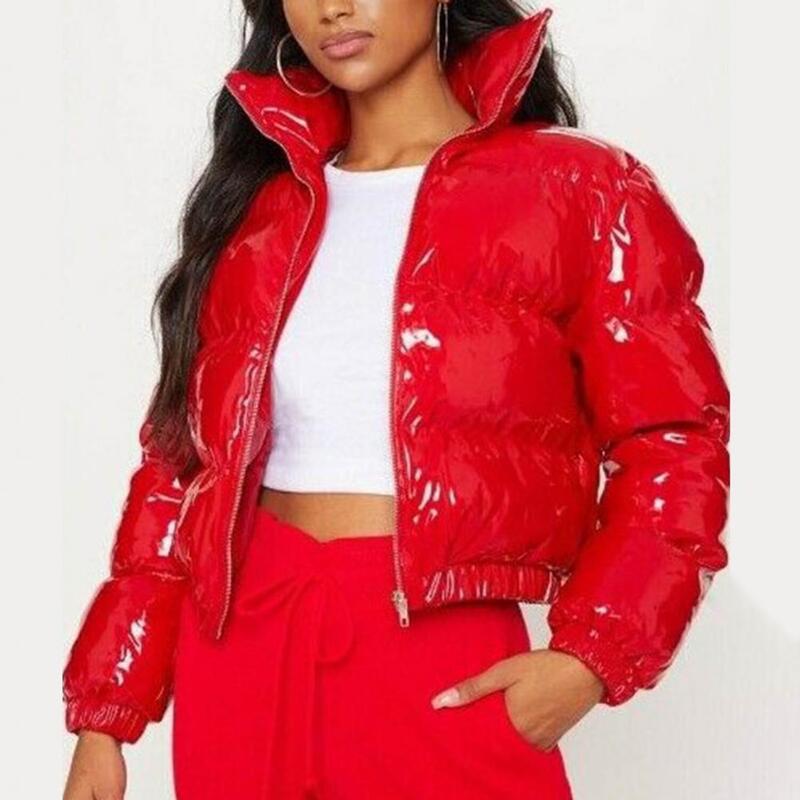 Cotton Jacket Bright Surface Smooth Zipper Short Jacket Autumn Winter Solid Color Stand Collar Quilted Coat For Daily Wear