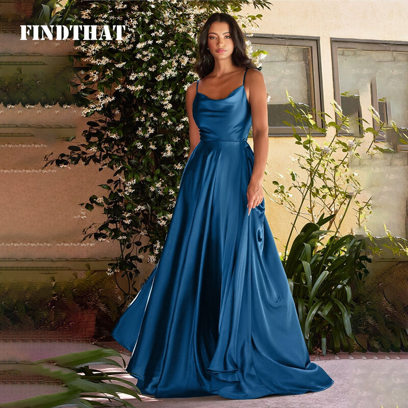 Findthat Elegant Spaghetti-Straps Satin Bridesmaid Dresses Backless A-line Side Slit Prom Maxi Dress Simple Evening Party Gowns