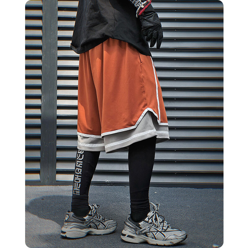 Pantaloncini da basket sportivi Unisex estivi in rete americana finti due Casual Capris sopra i pantaloni centrali al ginocchio abbigliamento da uomo Harajuku