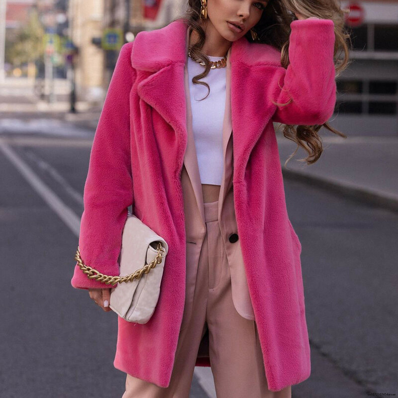 Casaco de pelúcia rosa longo feminino, sobretudo manga comprida, casaco de lã quente, casaco grosso, outwear extragrande, inverno