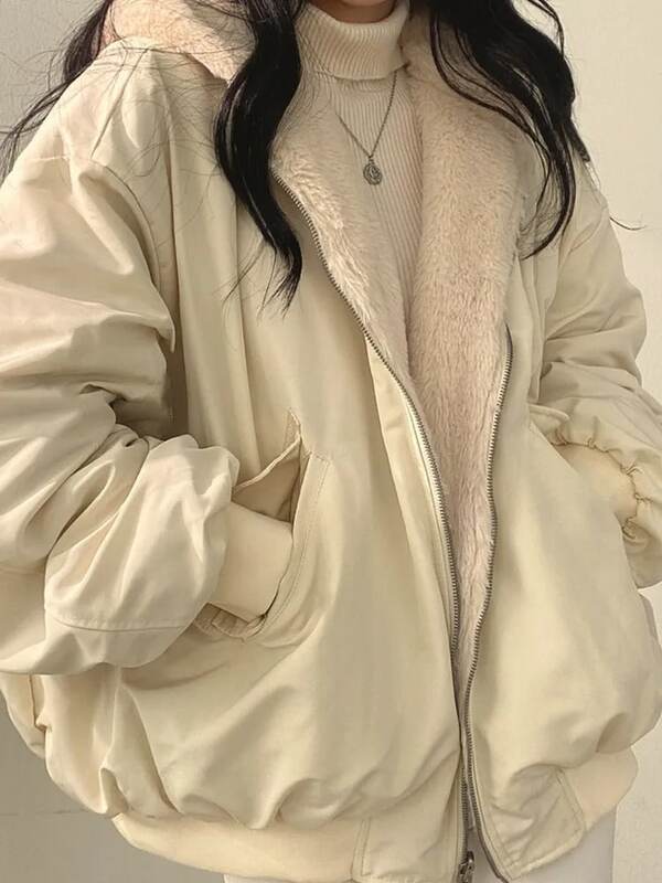 Dwustronna kurtka damska Oversize płaszcze z kapturem damskie ciepłe zimowe zagęszczone kurtki damskie w stylu Vintage z kaszmiru puszyste ubrania wierzchnie