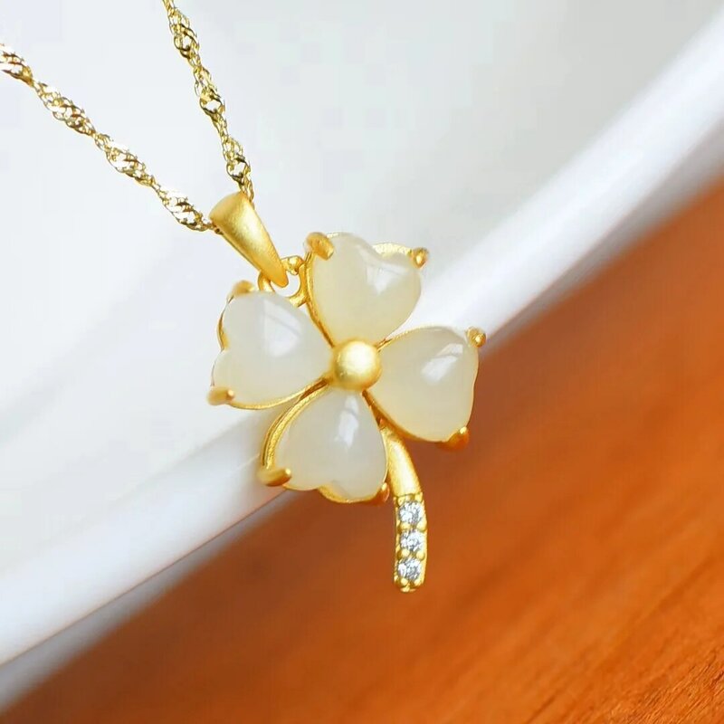 S925 Silver Inlaid Hetian Jade Pendant Natural Lucky Stone Four-leaf Clover Necklace Pendants Fine Women Charm Jewelry Jewellery