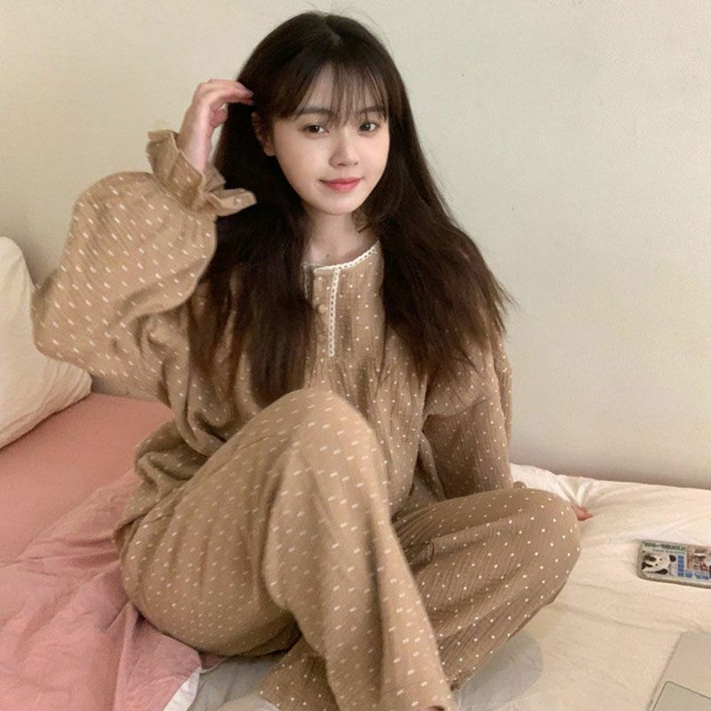 Conjunto de pijama suave para mujer, ropa de dormir Vintage, estilo coreano Preppy, diseño de lunares, básico, informal, Harajuku, Popular para estudiantes