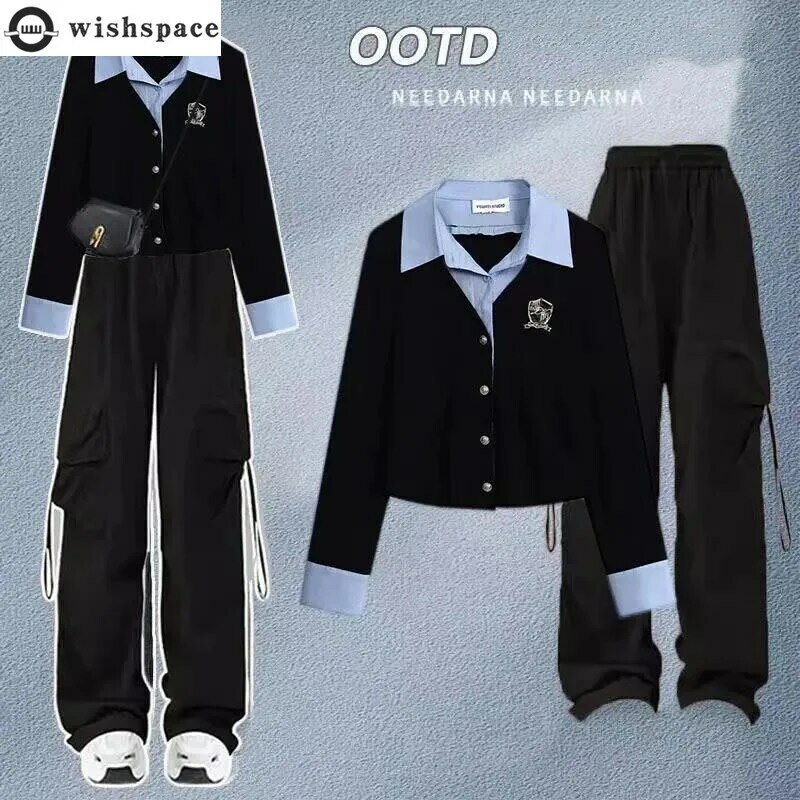 Spring and Autumn Korean Edition Academy Style Wear Short Fake Two Piece Polo Collar Shirt Casual Work Pants Set