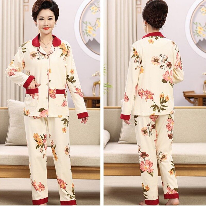 Women Spring Autumn Pajamas Middle Aged Elderly Pure Cotton Pyjamas Long Sleeve Plus Size Nightdress Solid Color Thin Sleepwear