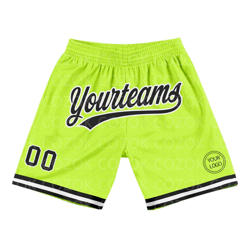 Niestandardowe fluorescencyjny zielony czarne autentyczne szorty do koszykówki męskie z nadrukiem 3D szorty twoje imię Mumber szybkoschnące szorty plażowe