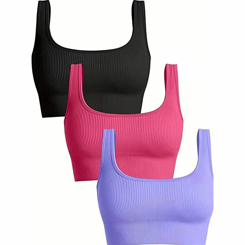 Yoga Basic Seamless Breathable 3pcs Ribbed Knit Solid Sports Bra