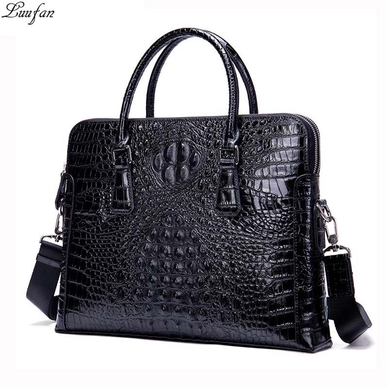 New Brand Men's Briefcase Crocodile Pattern Genuine Leather 14 inch Laptop Business Handbag Cowhide Male Office Bag Black