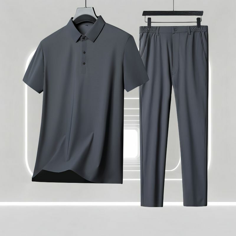 Camisa de manga curta masculina high-end e conjunto de calças sedosas, terno casual elegante cavalheiro, roupa de verão, 2 peças