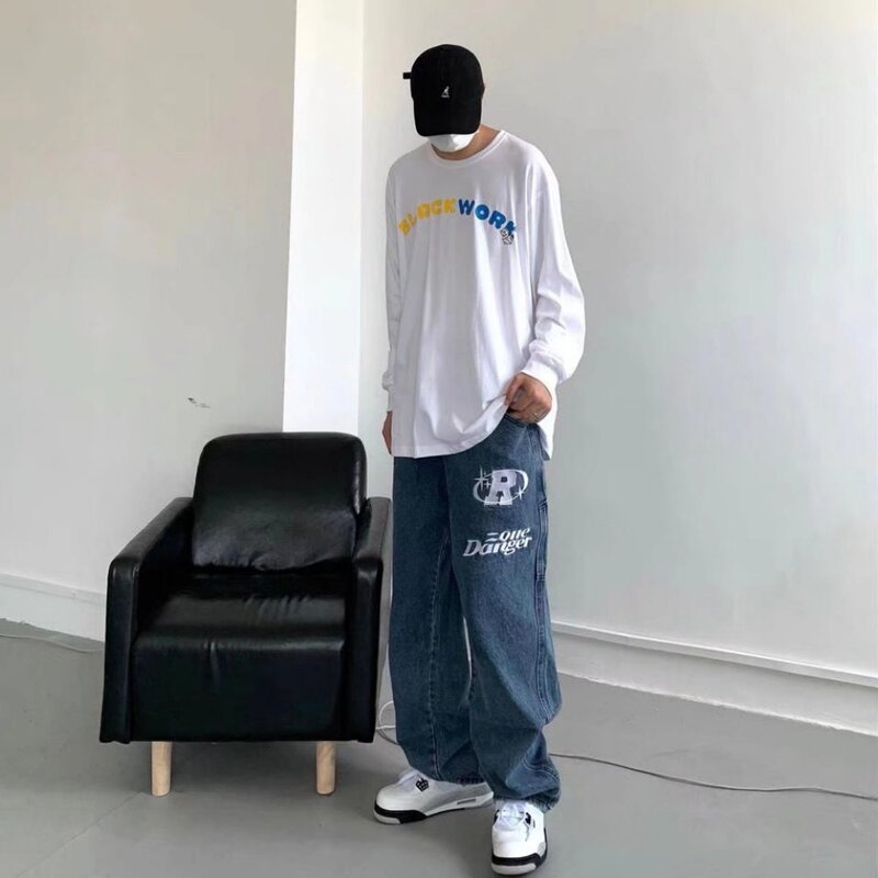Spring and Autumn Trendy For Men Hip Hop Loose Straight leg Jeans American Retro Wide Leg Personalized Casual Pants y2k jeans