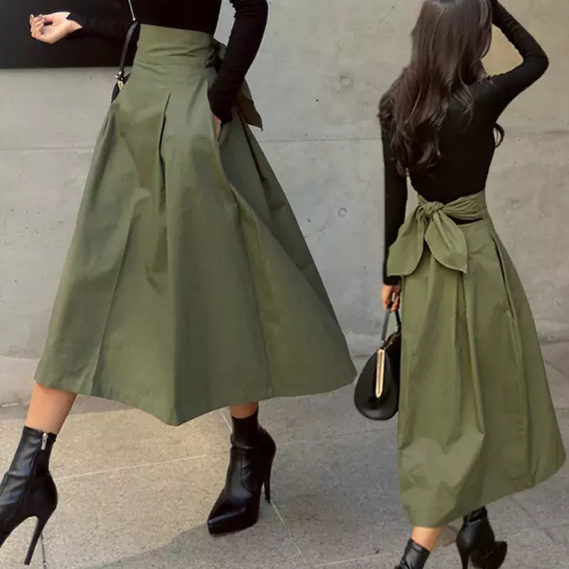Hohe Taille Schleife Röcke Frauen koreanische Mode solide große Schaukel weiblich eine Linie Midi Röcke elegant alle passen schlanke Röcke