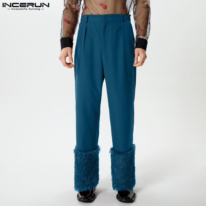 INCERUN-Men's Plush Patchwork Botão Solto Casual Calças Retas, Personalidade Moda, Calças Compridas, Streetwear, S para 5XL, 2024