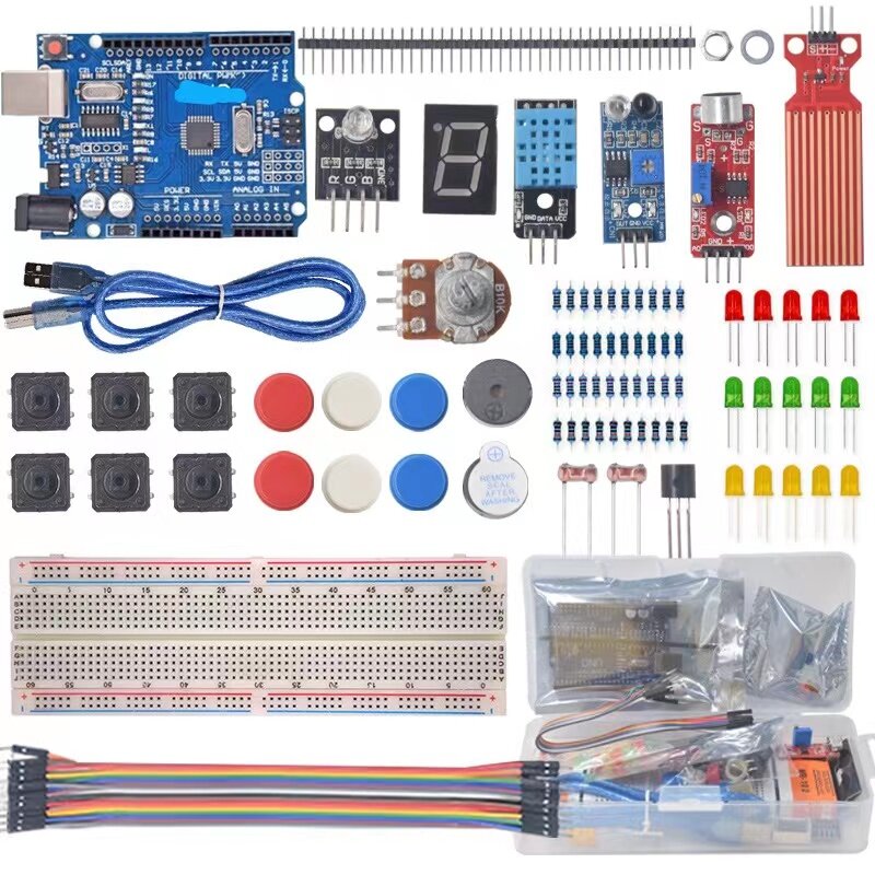 Kit básico de iniciación para proyectos Arduino Uno R3, suministros de componentes electrónicos, placa R3/placa de pruebas, Kit electrónico DIY