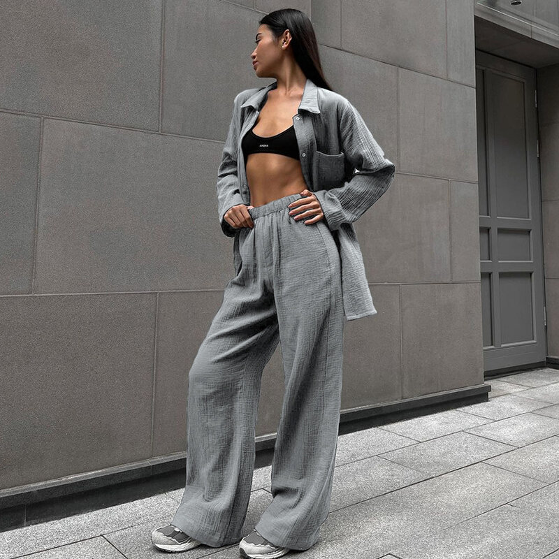 Conjunto de pijama de cintura alta para mujer, ropa de dormir holgada de bolsillo y manga larga con cuello vuelto, color gris, novedad