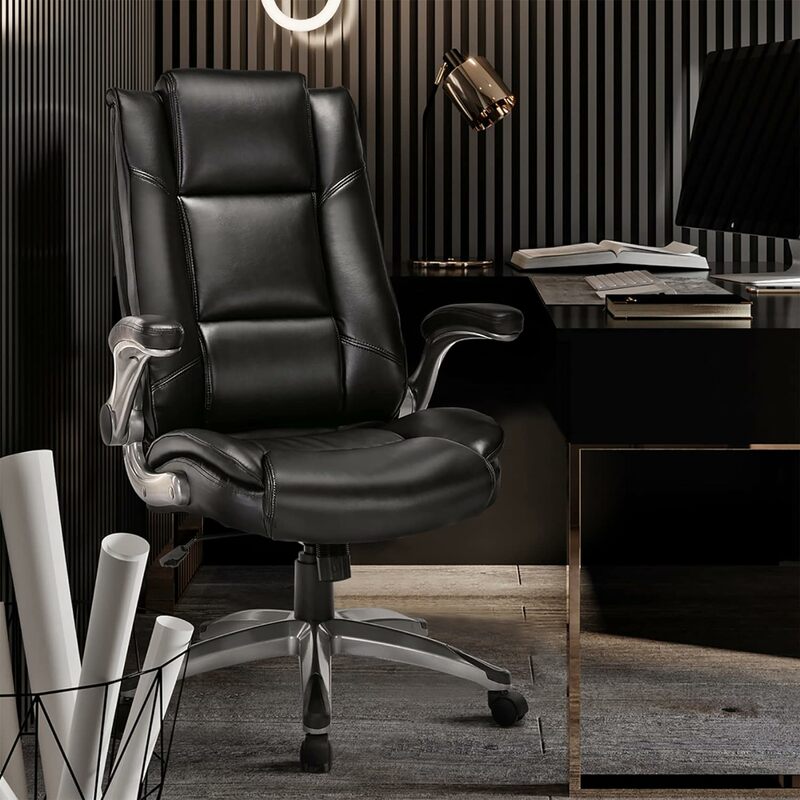 COLAMY 사무실 의자, 등받이 높은 가죽 책상 의자, 플립 업 암, 조정 가능한 회전 이그제큐티브 의자, 편안함용 두꺼운 패딩