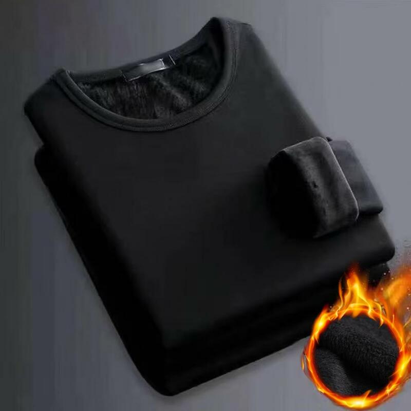 Trendy Bottoming Shirt Solid Color Slim Fit Men Warm Fleece Lining Bottoming Top  Stretchy Fleece Top Home Wear