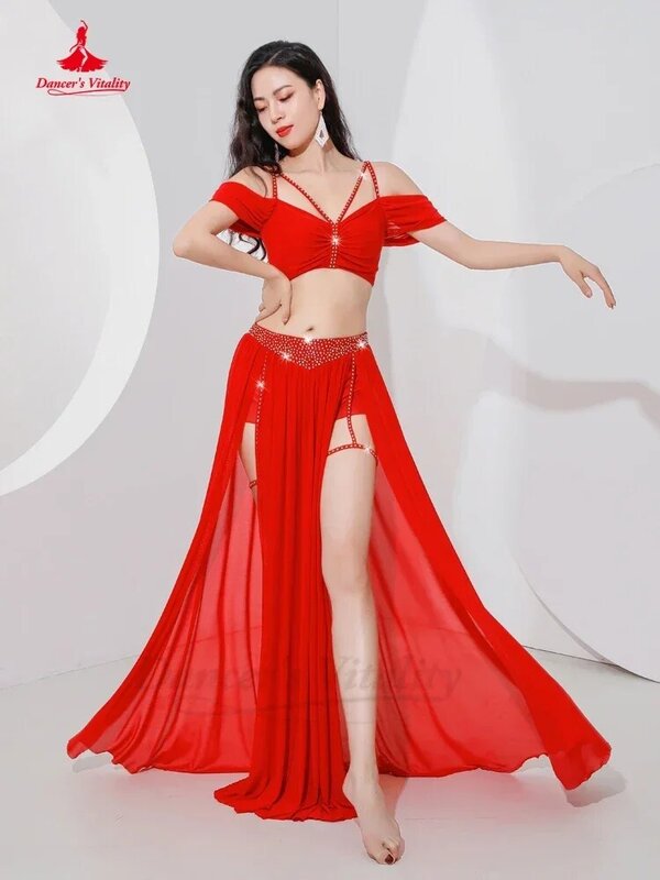 Женский профессиональный костюм для танца живота, сетчатый топ с короткими рукавами + сексуальная Длинная юбка с разрезом, 2 шт., костюм для Танцев Живота в восточном стиле