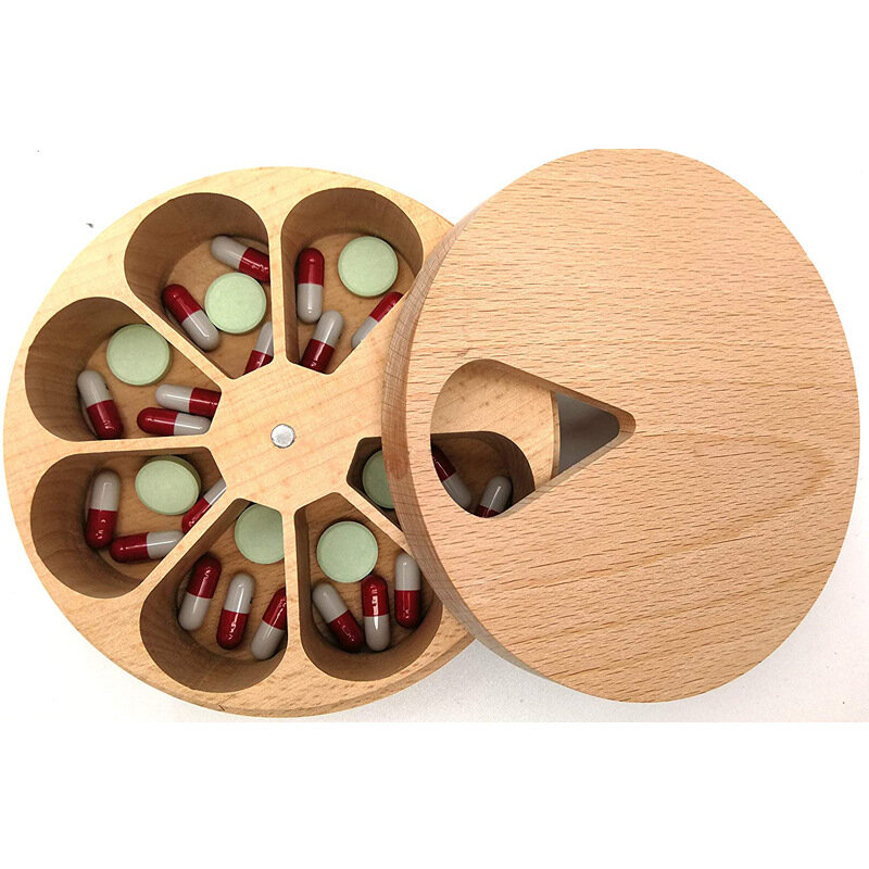 Caja de Medicina de madera para artesanías, caja de Medicina de haya de 7 rejillas, contenedor de organización y almacenamiento de madera maciza para Cocina