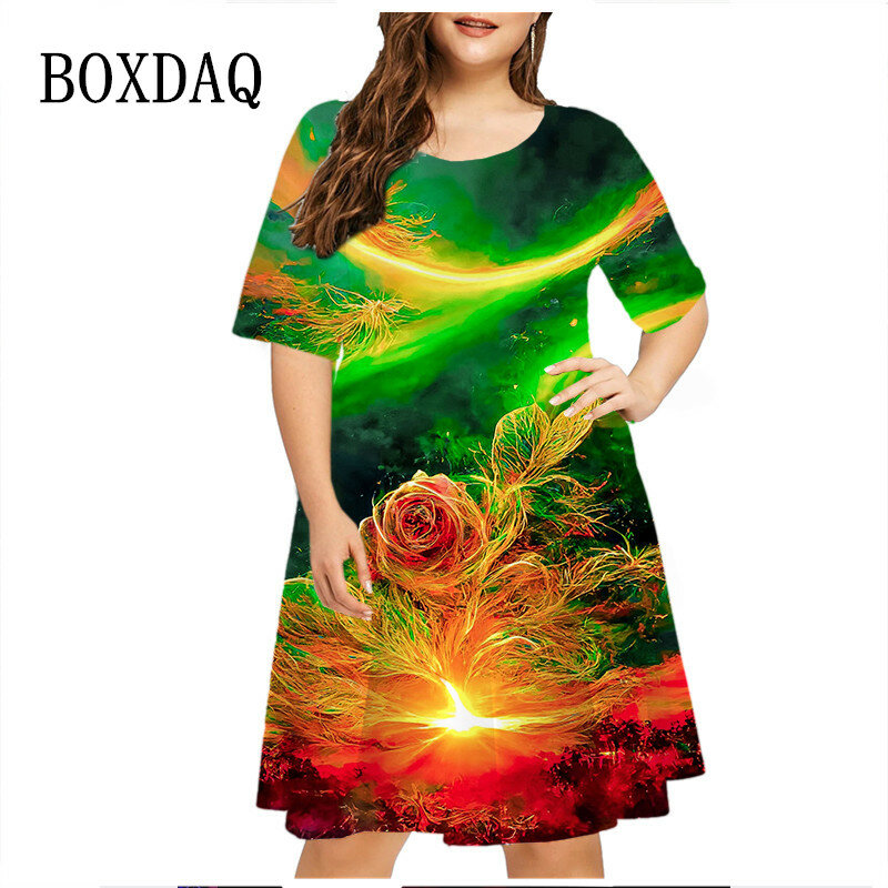 Женское платье с рисунком пламени, летнее Свободное платье с коротким рукавом, Элегантная Модная Повседневная Уличная одежда с 3D рисунком