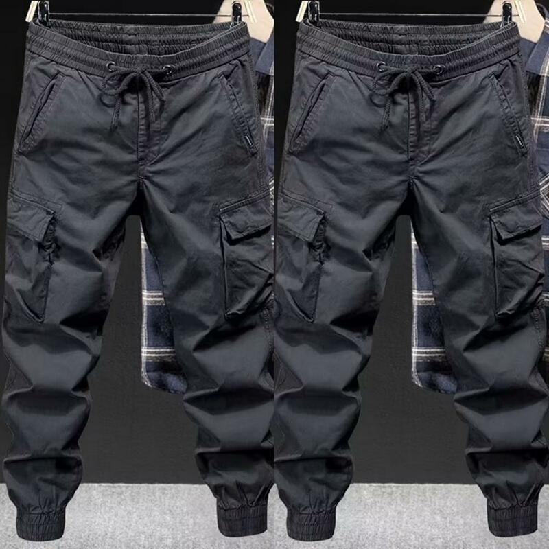 Fashion Solid Color Work Casual Multiple Pockets Men's Cargo Pants Classic Waist Drawcord Pure Cotton Youth Tide Male Trousers