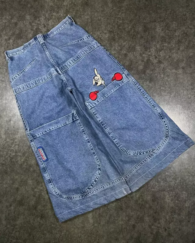 Harajuku Personality Big Pocket Boxing Kangaroo Print Wash Wide Leg Jeans Y2K HipHop Street Casual Loose Denim for Men and Women