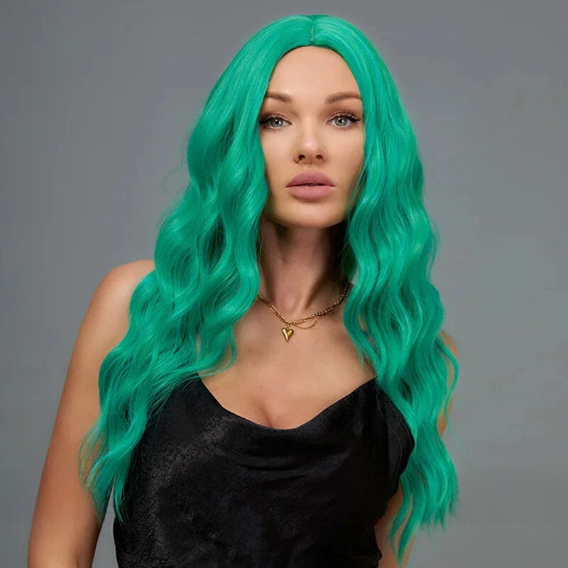 SNQP Long Curly Synthetic Wig for Women 26inch Green Wig for Daily Cosplay Party Use Heat Resistant Fiber Breathable Headband