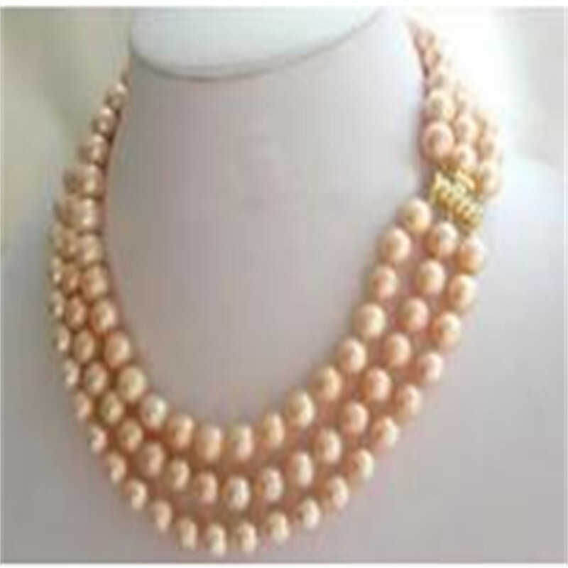 3 Rows 8-9mm Round Pink South Sea Pearls Necklace 17''18''19''
