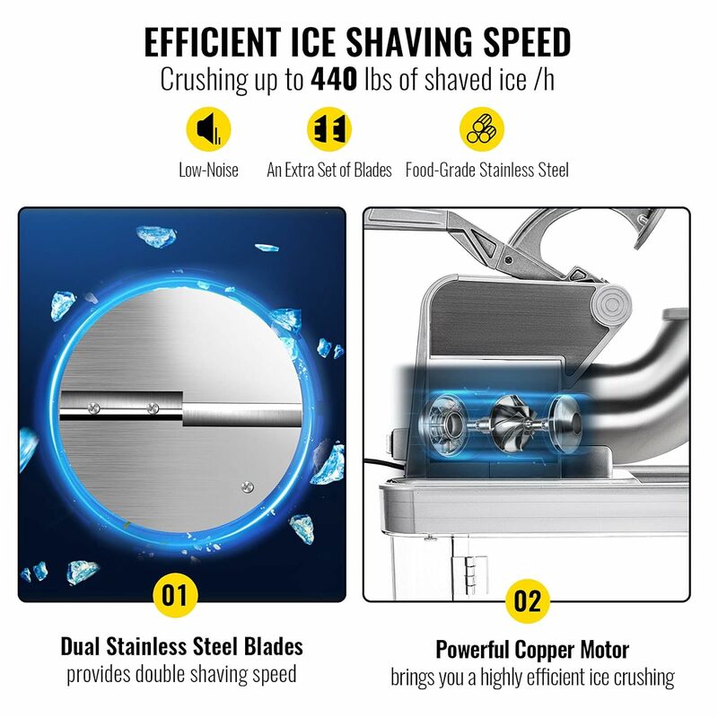 110V Commercial Ice Crusher 440LBS/H, ETL Approved 300W Electric Snow Cone Machine with Dual Blades, Stainless Steel Shaved Ice