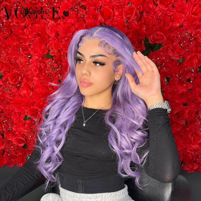 Loose Body Wave Lace Front Wig, perucas coloridas de cabelo humano, pré-arrancadas Glueless, cabelo do bebê, roxo claro, 13x4, 30"