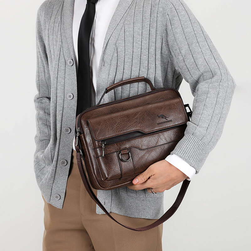 Bolsa de mão de couro PU para homens, mensageiro cruzado, bolsa de negócios casual, carteira de cartão quadrada, bolsa lateral ombro