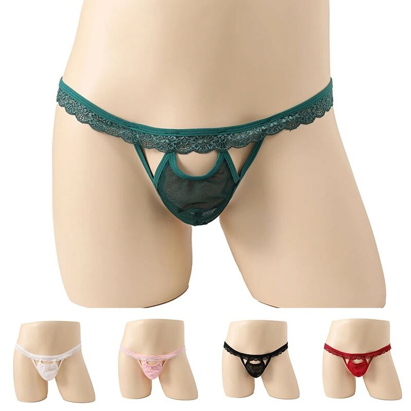 String transparent en dentelle pour hommes, culotte sexy, taille basse, ajourée, string élastique en forme de T