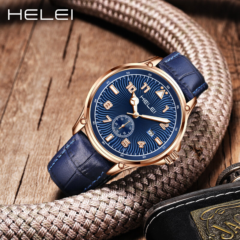 HELEI-Relógio de quartzo grande masculino, pulseira de couro, relógio esportivo clássico, moda criativa