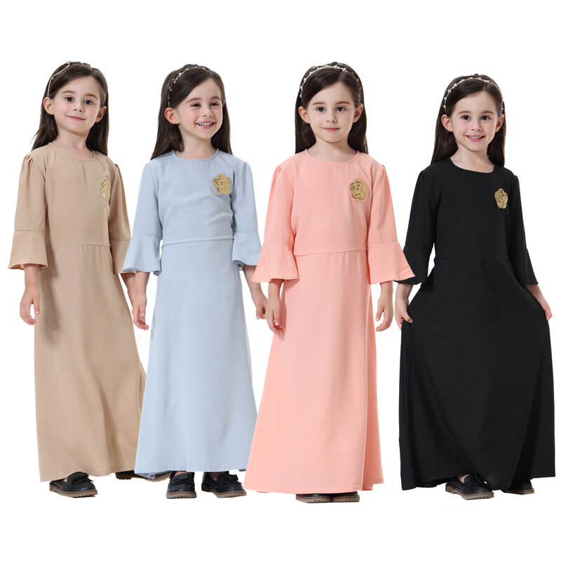Robe décontractée à col rond pour filles, caftan arabe de Dubaï, manches à volants Islam, robe épissée pour enfants, Ramadan, appliques marocaines, adt