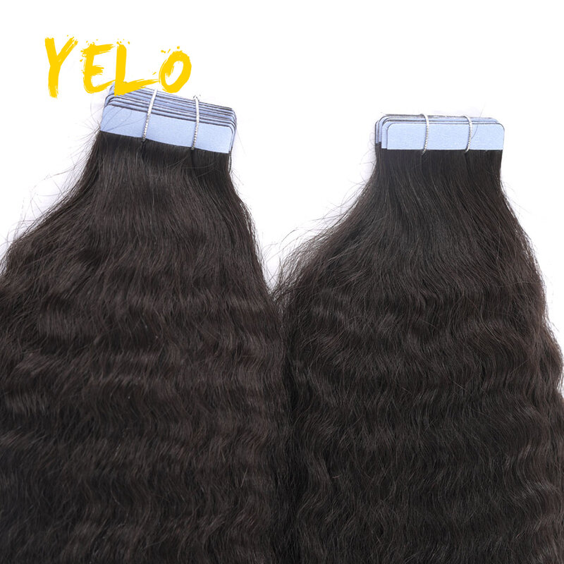 Ymir12 "-26" Kinky Straight Tape in Human Hair Extensions, Skin Trame Hair Extension, Balayage Highlight, Soft and Bouncy