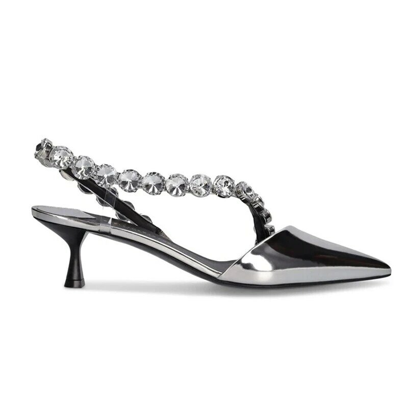 Summer Wide Fit Rhinestones Shoes Large Size 46 Low Heels Dress Pumps Women Silver Patent Slingback Sandals