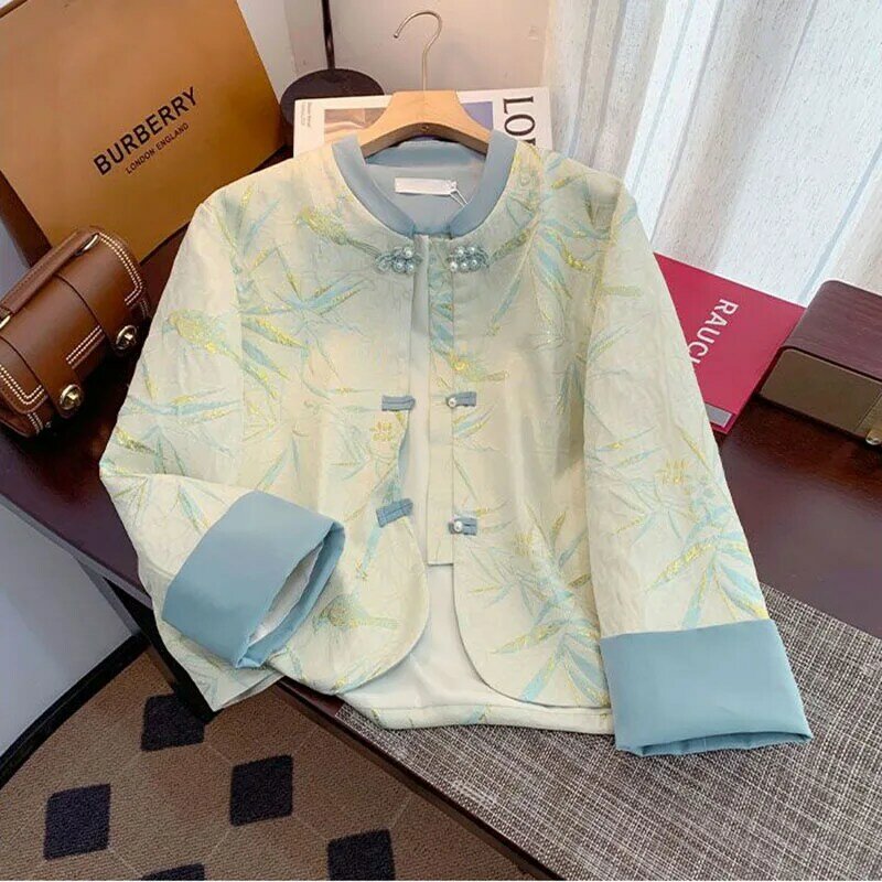 Chaqueta de estilo Nacional Chino para mujer, camisa con botones estampados, abrigo Cheongsam mejorado Vintage, Primavera/otoño, 2024