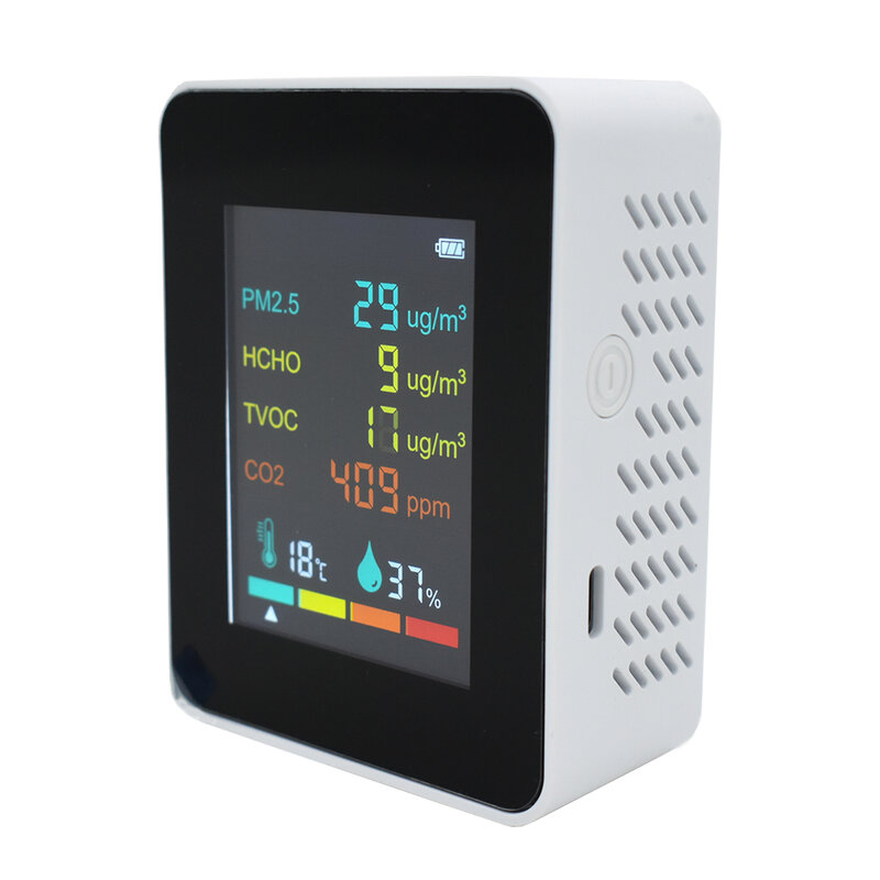 Detektor kualitas udara 6 in 1, formaldehida HCHO TVOC CO2 karbon dioksida detektor kelembaban suhu Monitor