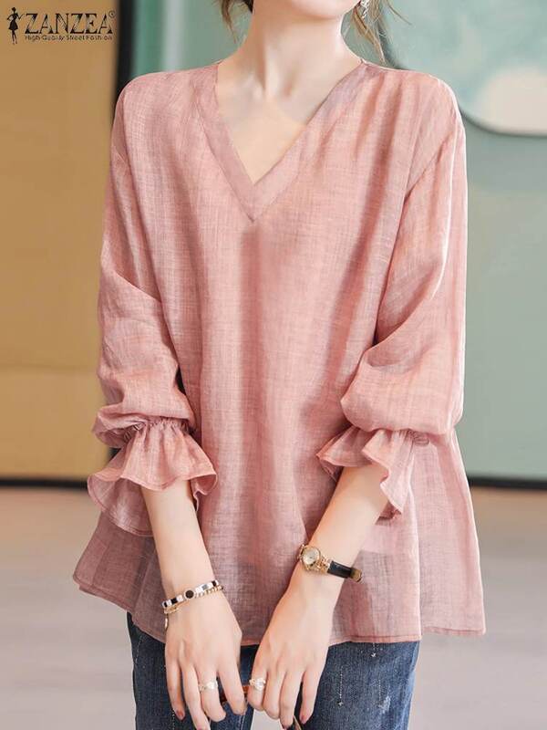 ZANZEA Casual Loose Tunics Oversized Women Solid Color Tops Vintage Holiday Long Sleeve Blouse Fashion V-neck Shirts 2024 Summer