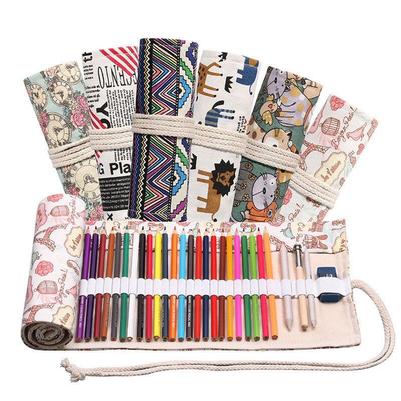 12/24holes Pencil Case Kawaii Canvas Pen Bag Pouch Art Desk Organizer for Student Stationery School Office Supplies
