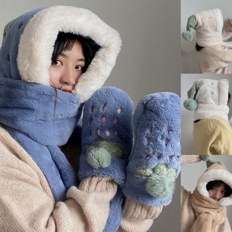 Hooded Scarf Winter Winter Hat Scarf Gloves Set For Kid Winter Hat Female Korean Cartoon Hooded Children Plush