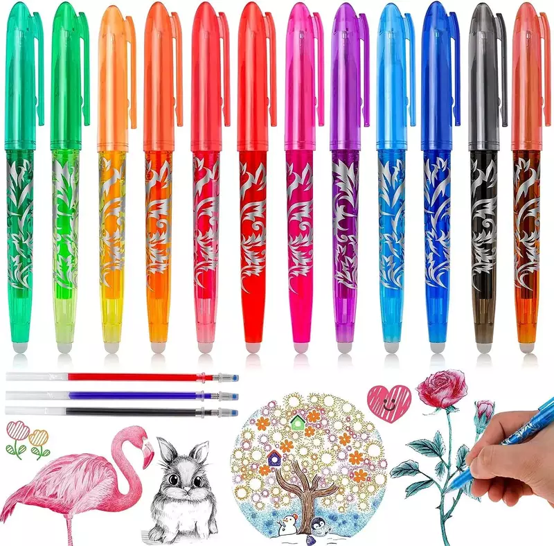 Canetas Gel Erasable Multi-Color, Caneta Colorida Kawaii para Desenho, Tinta Gel de Escrita, Caneta Rollerball, Papelaria, 0.5mm, 12 Cores