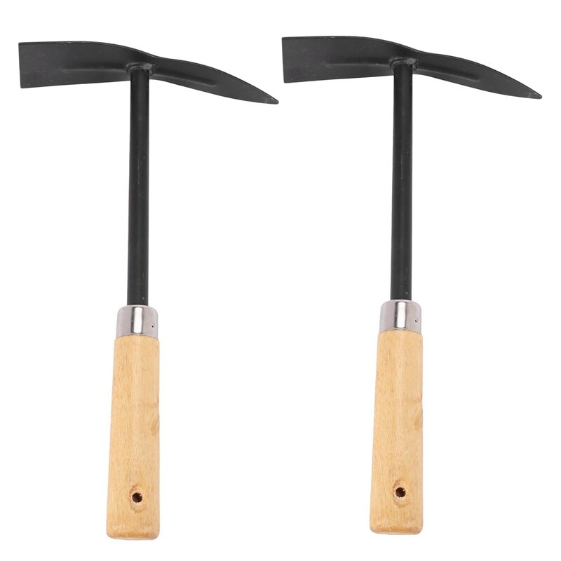 2X Wooden Handle Metal Hand Garden Tool Digging Hoe,Black