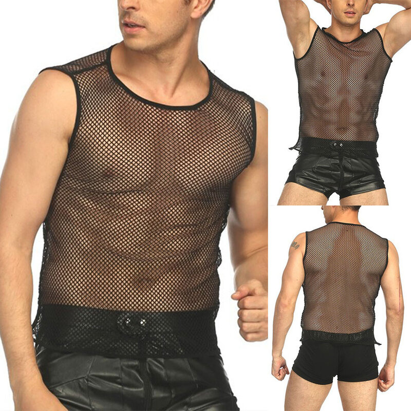 Męski seksowny podkoszulek przezroczysta siateczka podkoszulek kabaretki sznurek koszulki bez rękawów męskiego przejrzenia odzież do klubu nocnego smukłego sportu