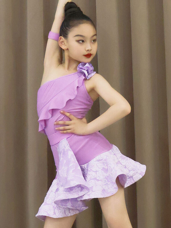 Kinder Mädchen eine Schulter Blume Latin Dance wear Kleid großen Rock Saum Set Advanced Sense Praxis Tisch Performance Kleidung