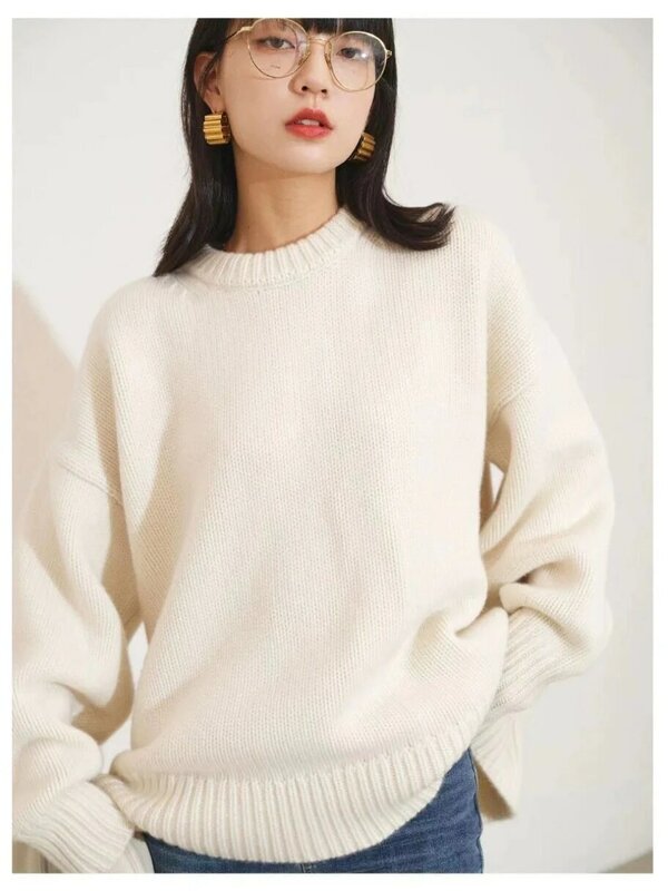 Sweater Pullover wanita, pakaian rajut warna polos kasual 100% wol leher bulat atasan tebal blus longgar musim dingin