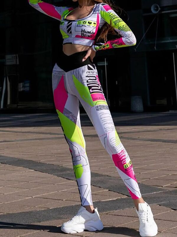 Pikantne dziewczęce moda uliczna z napisem z kolorowym nadrukiem obcisłe spodnie do biegania strój do jogi jednoczęściowe
