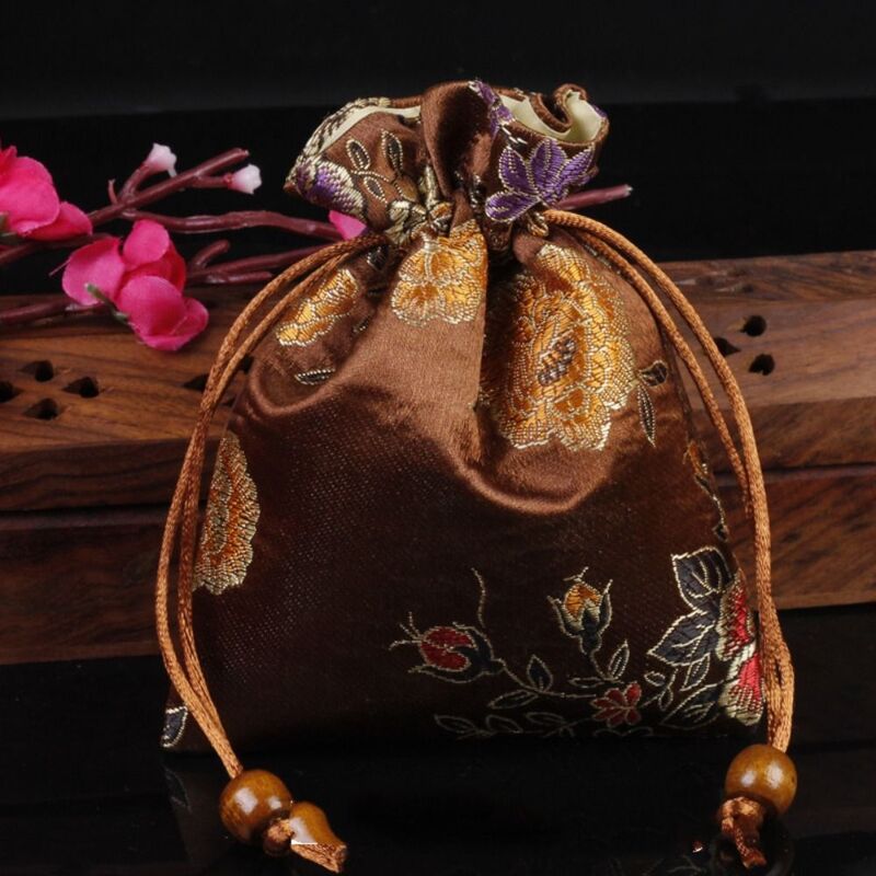 Floral Embroidery Flower Drawstring Bag Coin Purse Chinese Style Jewelry Packing Bag Large Capacity Storage Bag