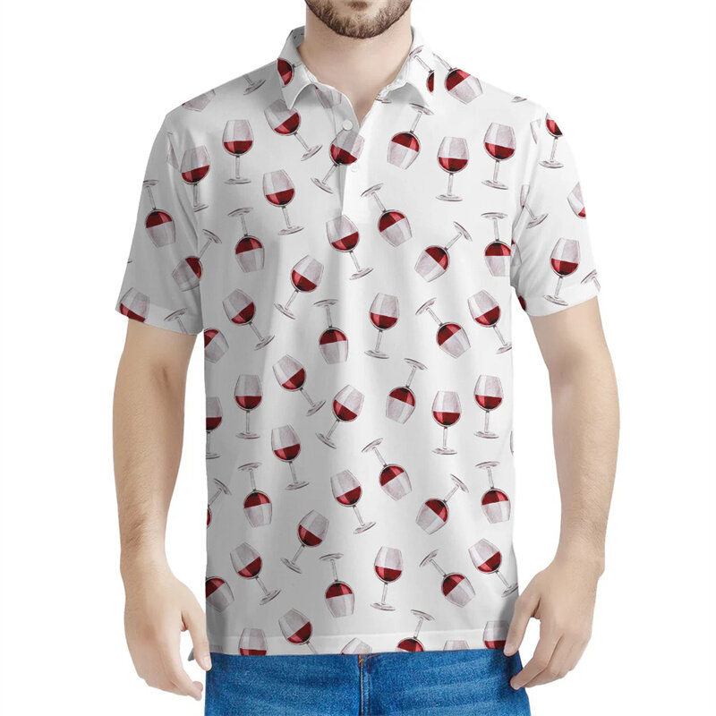 Homens e mulheres 3D impresso vinho polo camisa, mangas curtas, t-shirt lapela rua, botão de verão, camisetas soltas, venda quente, moda