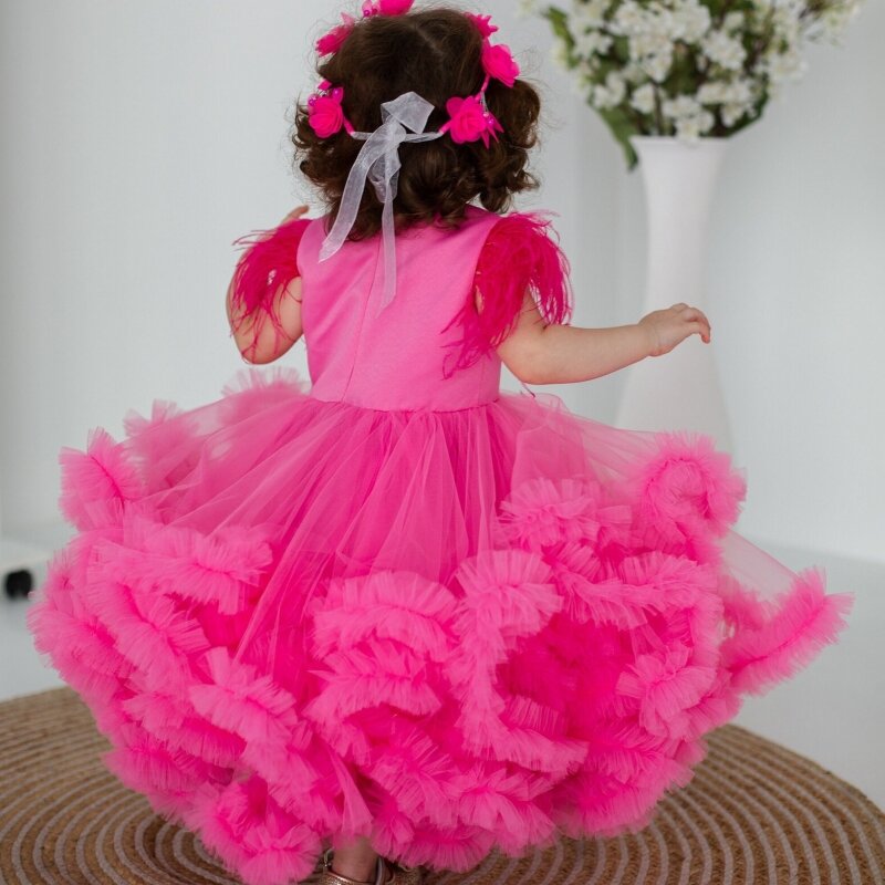 Женское платье с цветами, фатиновое платье с многоярусным подолом и рукавом с перьями для свадьбы, дня рождения, банкета, первого причастия