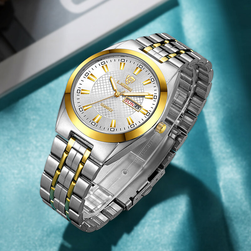 Liebbig jam tangan baja tahan karat pria wanita, arloji Fashion mewah tanggal waktu Quartz tahan air untuk pria dan wanita
